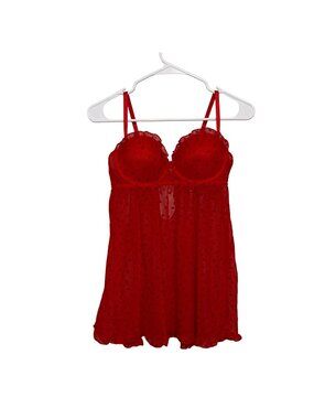 Daisy Fuentes Red Sheer Heart Mesh Lingerie Babydoll Adjustable Straps & Ruffle